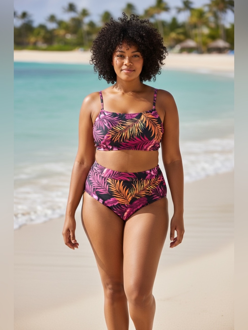 Fashion Nova Pink & Orange Tropical Leaf High-Waist Bikini